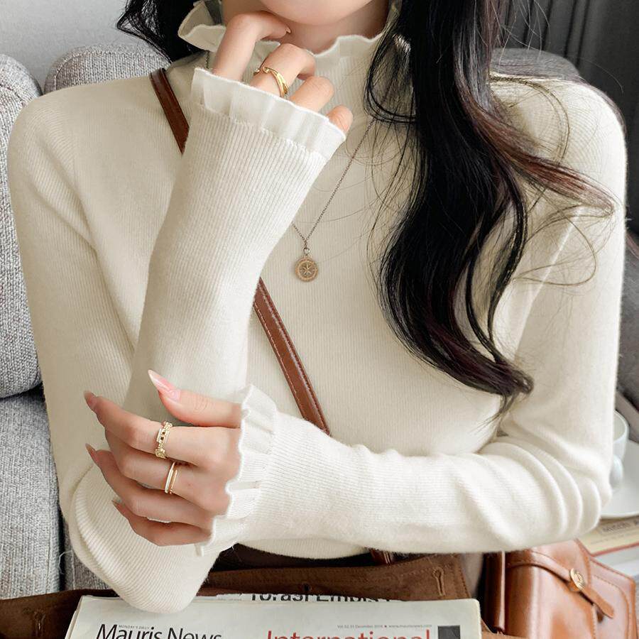 半高领内搭打底衫女春秋冬长袖设计感小众针织上衣蕾丝边白色毛衣
