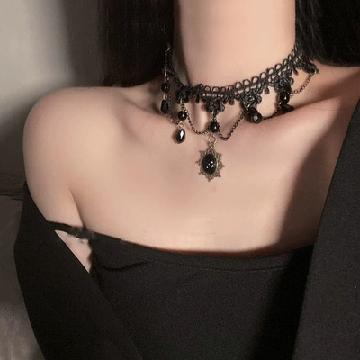 暗黑复古公主蕾丝花边流苏项链黑色洛丽塔颈链choke万圣节锁骨链