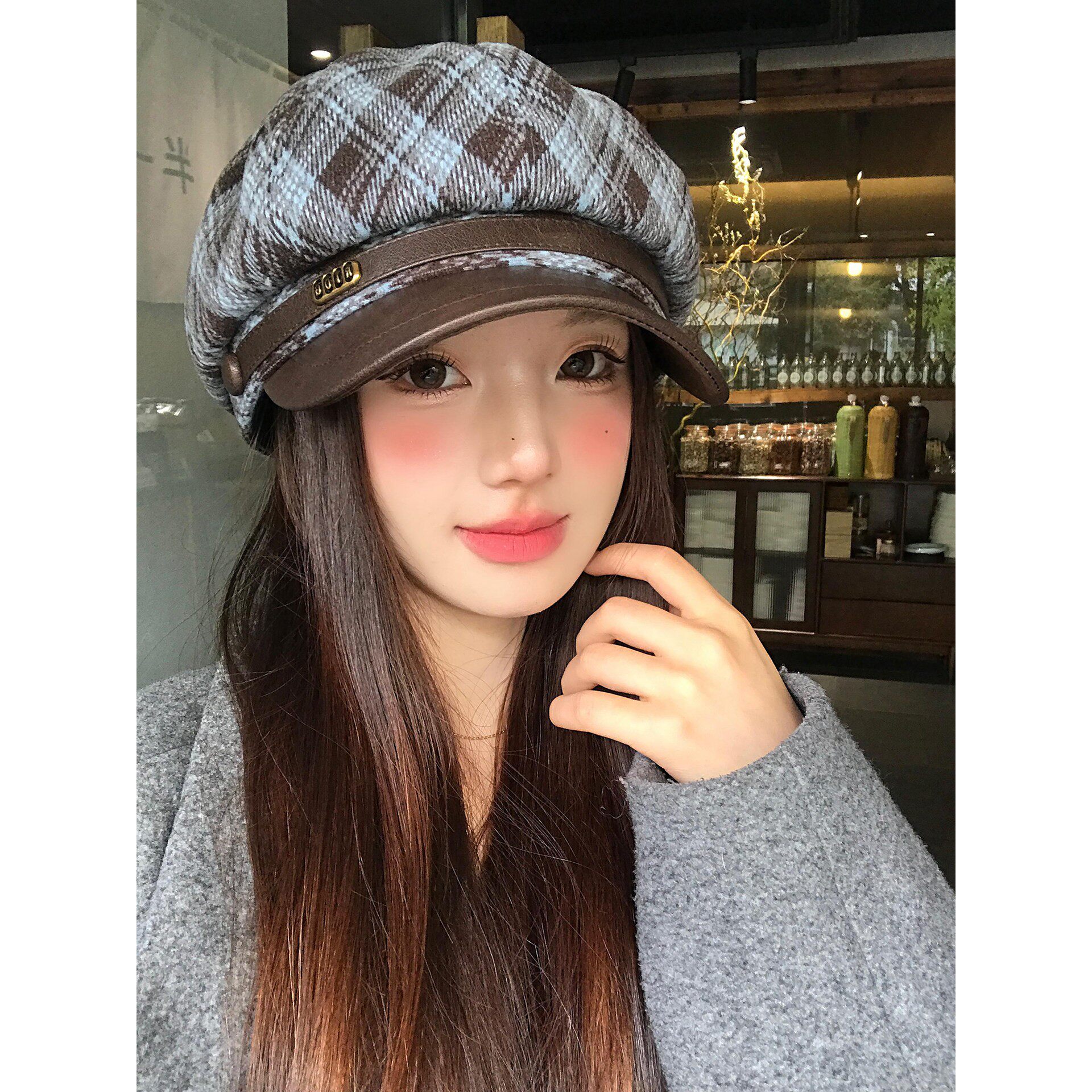 敲好看蓝棕~新款秋冬季毛呢格纹复古贝雷帽女ins气质时尚八角帽子