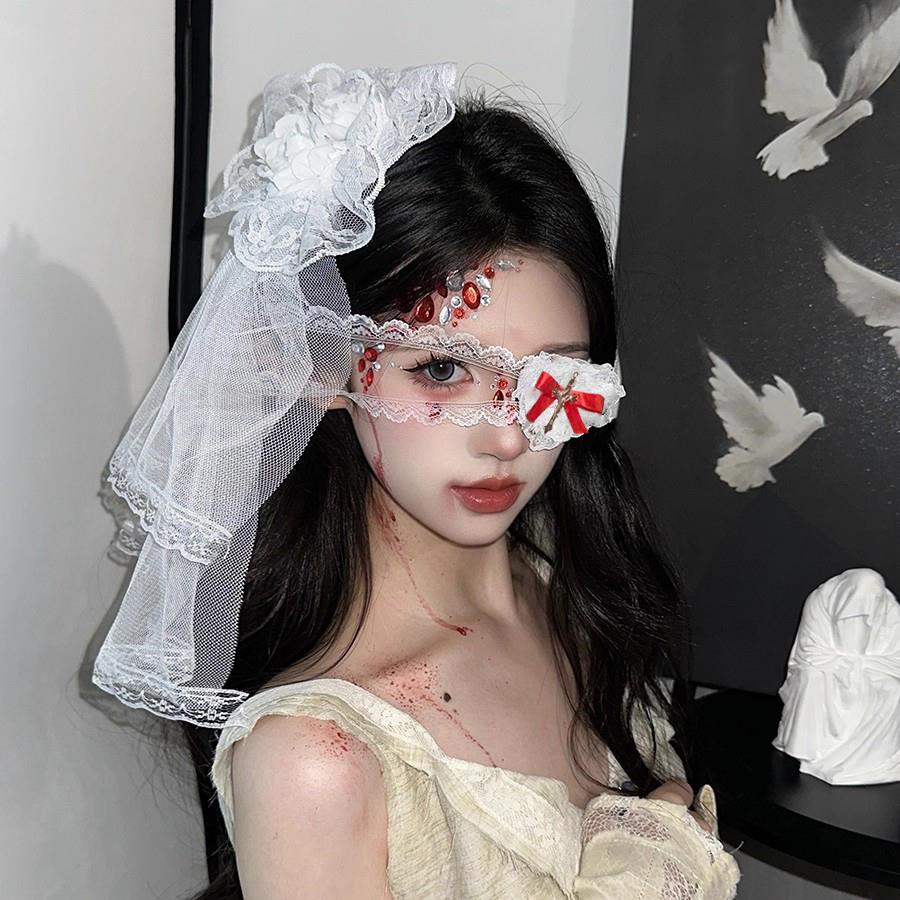 万圣节cos鬼新娘装扮发饰白色蕾丝头纱发夹暗黑风网纱花朵头饰女