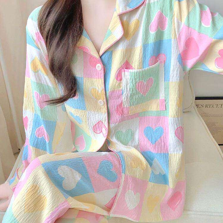 春秋新款彩色多巴胺云朵棉睡衣女长袖长裤套装甜美外穿开衫家居服