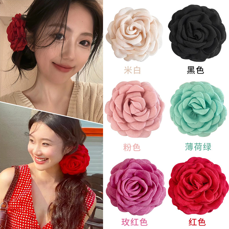 2025年新款红色花朵抓夹头饰干枯玫瑰花发夹头花发饰大号红花女
