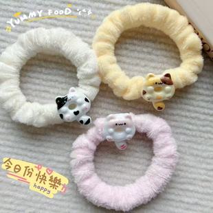 奶黄色毛绒发圈可爱卡通丸子头头饰发绳毛绒高级感甜甜圈弹力皮筋