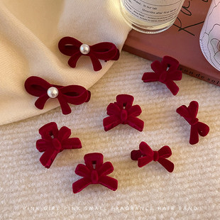新年红色丝绒蝴蝶结小发夹女甜美公主头侧边刘海夹发卡圣诞节头饰
