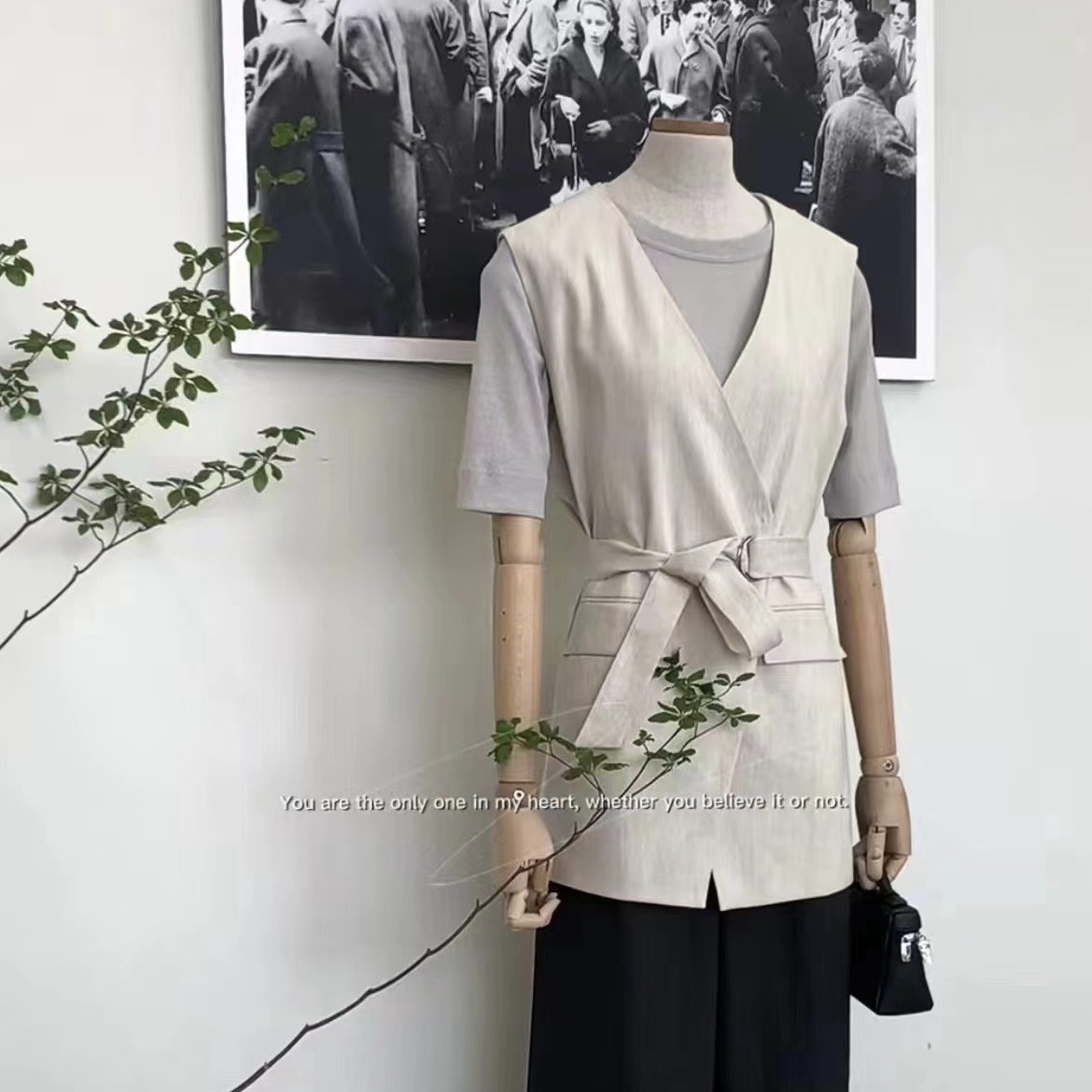 MJY高端女装新款B*C风格亚麻V领无袖系带中长款马甲上衣女