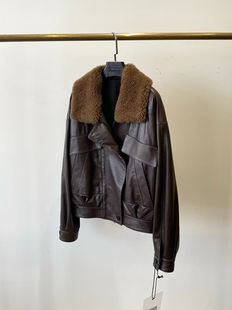 高端女装进口小羊皮可拆卸羊毛领女短款复古时尚真皮皮衣外套女