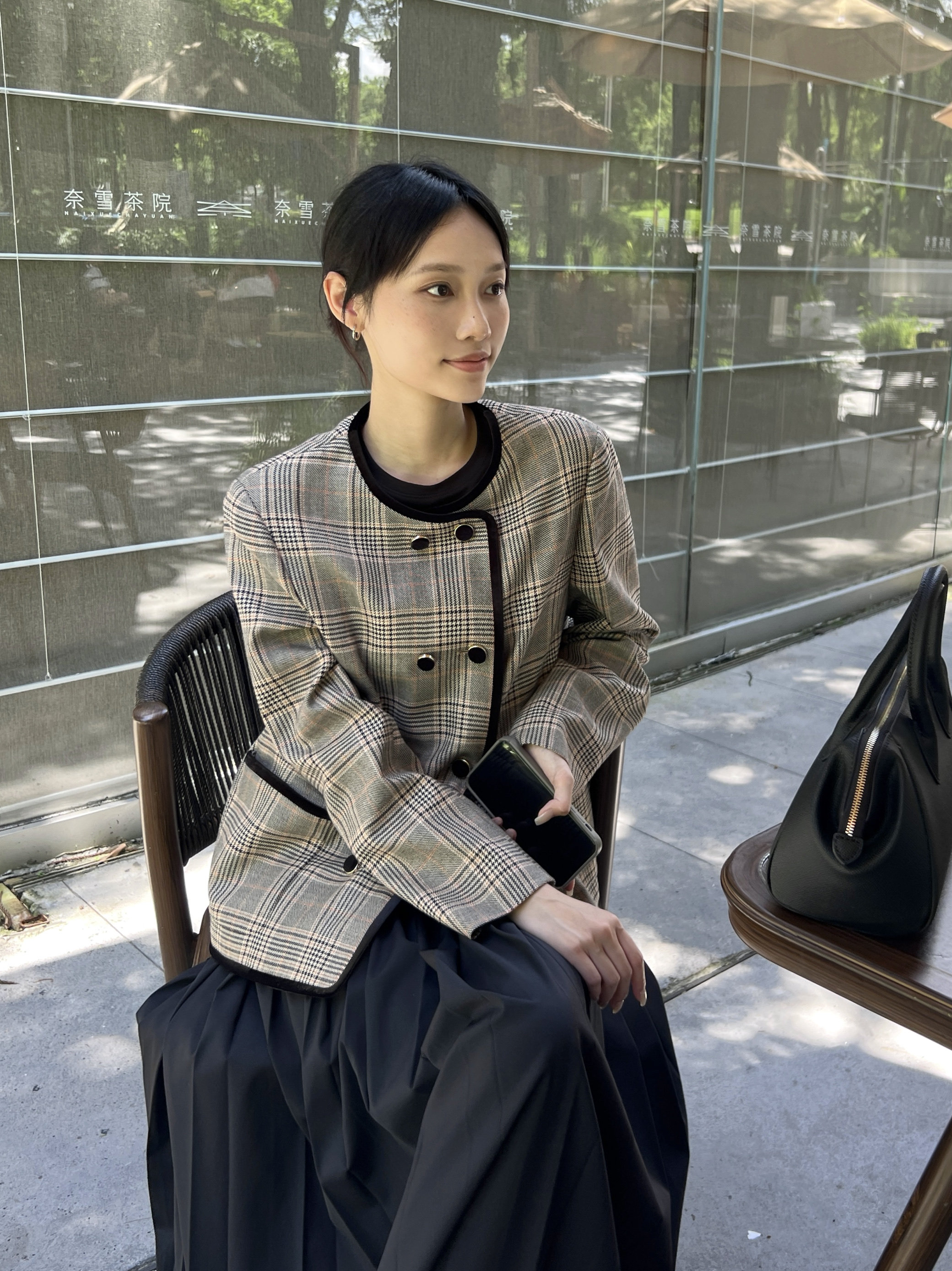 MJY高端女装 春秋新款进口面料复古格纹双排扣中长款香风外套女