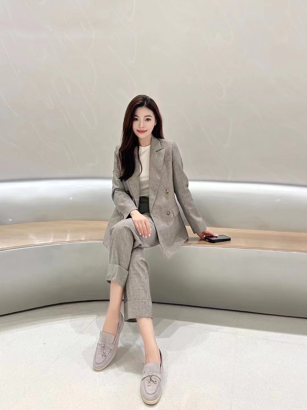 高端女装新款进口定制面料羊毛亚麻千鸟格亚麻西服九分西裤套装女