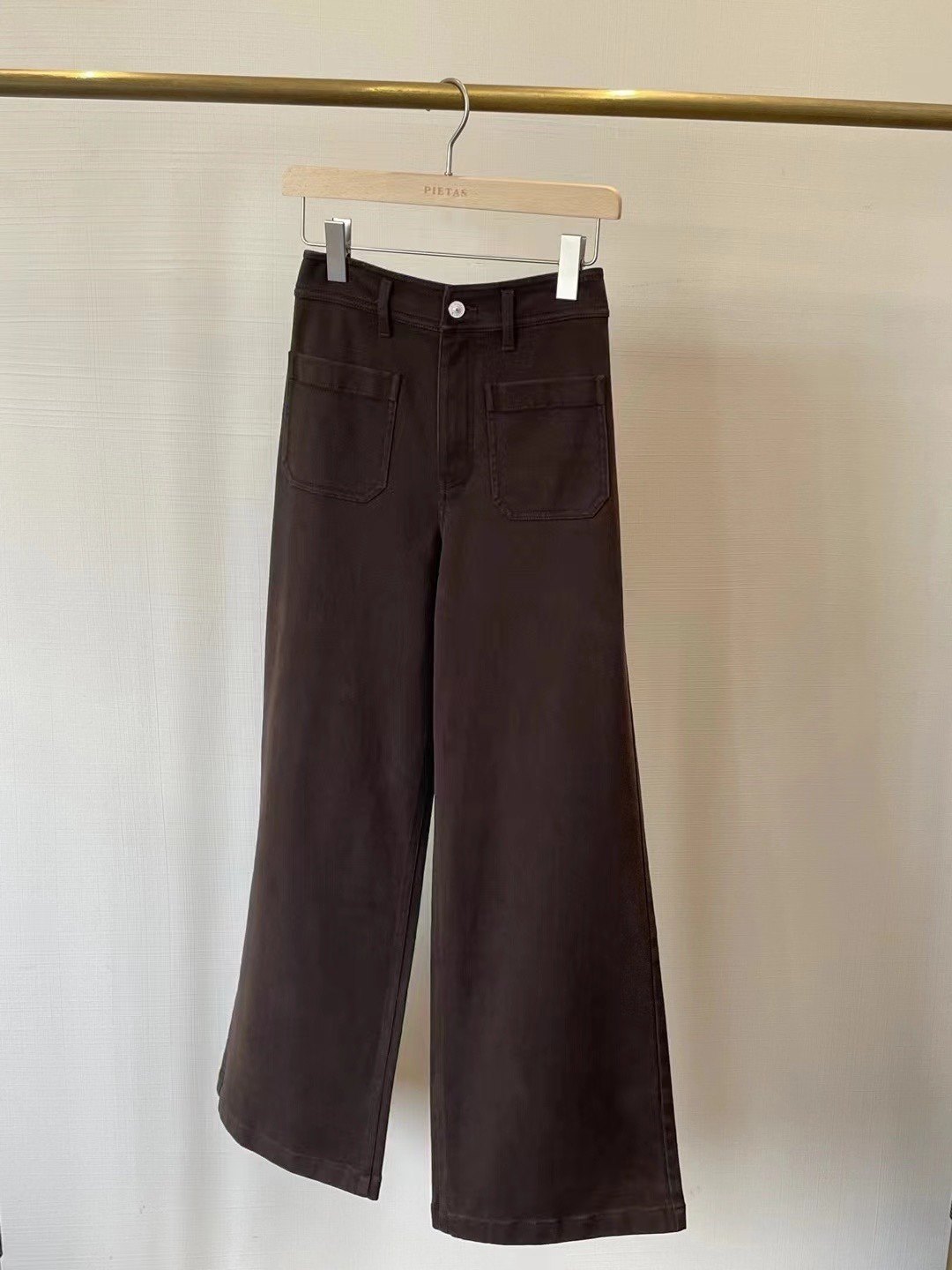 高端女装进口面料深咖色高弹柔棉巨显瘦时尚工装口袋高腰直筒裤女