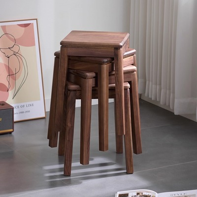 北美黑胡桃木小方凳家用客厅办公室备用凳餐桌凳子可叠放高板凳