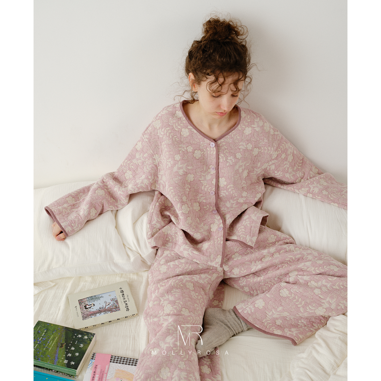 MOLLYROSA浅粉花笺·棉麻三层加厚提花家居服套装秋冬睡衣可外穿