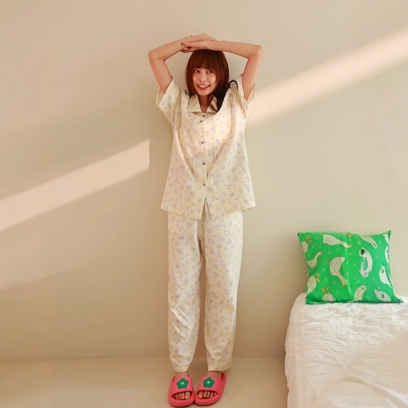 MollyRosa奶黄城堡花园版型升级纯棉纱布短袖长裤睡衣居家服春季
