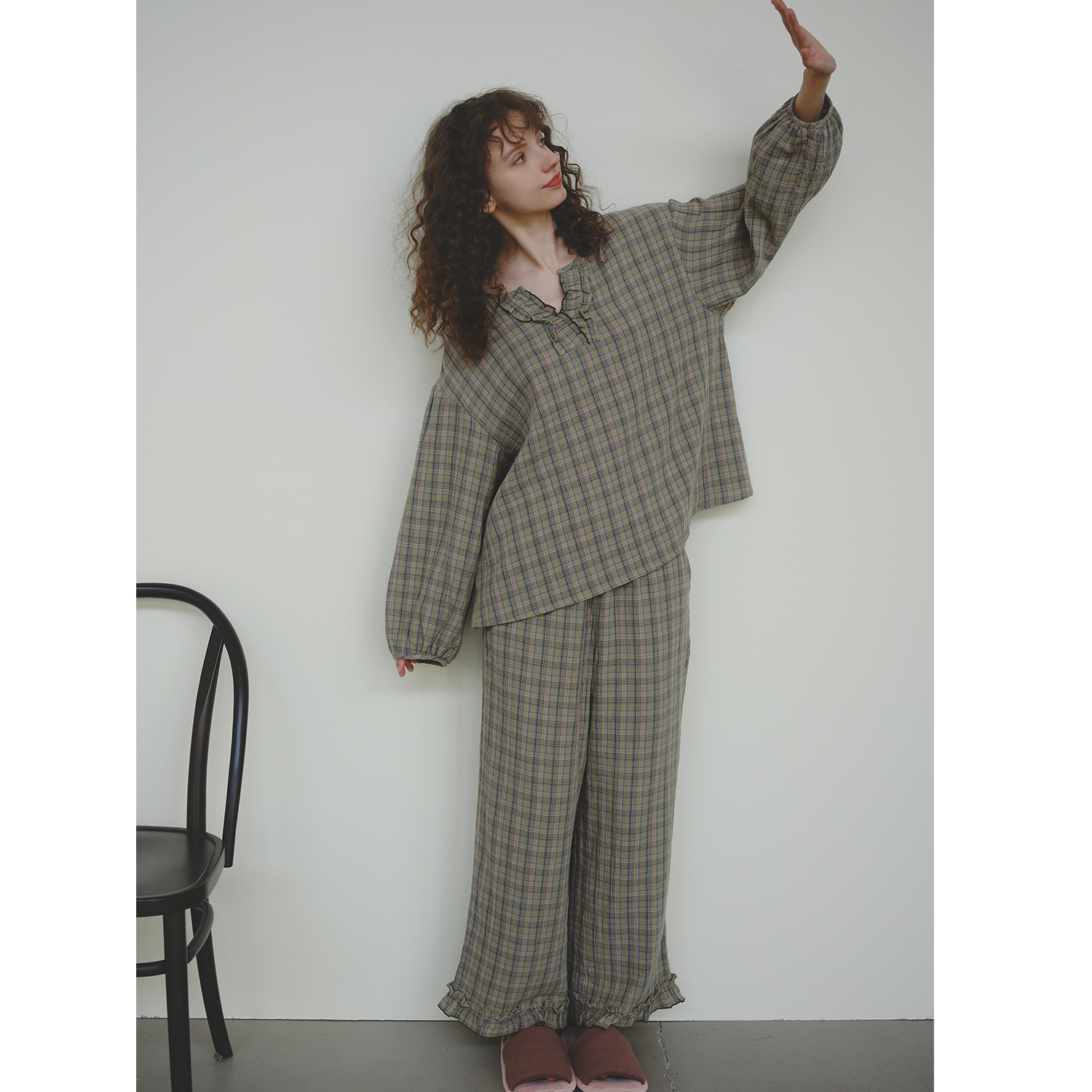 MollyRosa森氧绿絮语|复古纯棉格纹睡衣长袖长裤家居服套装秋季新