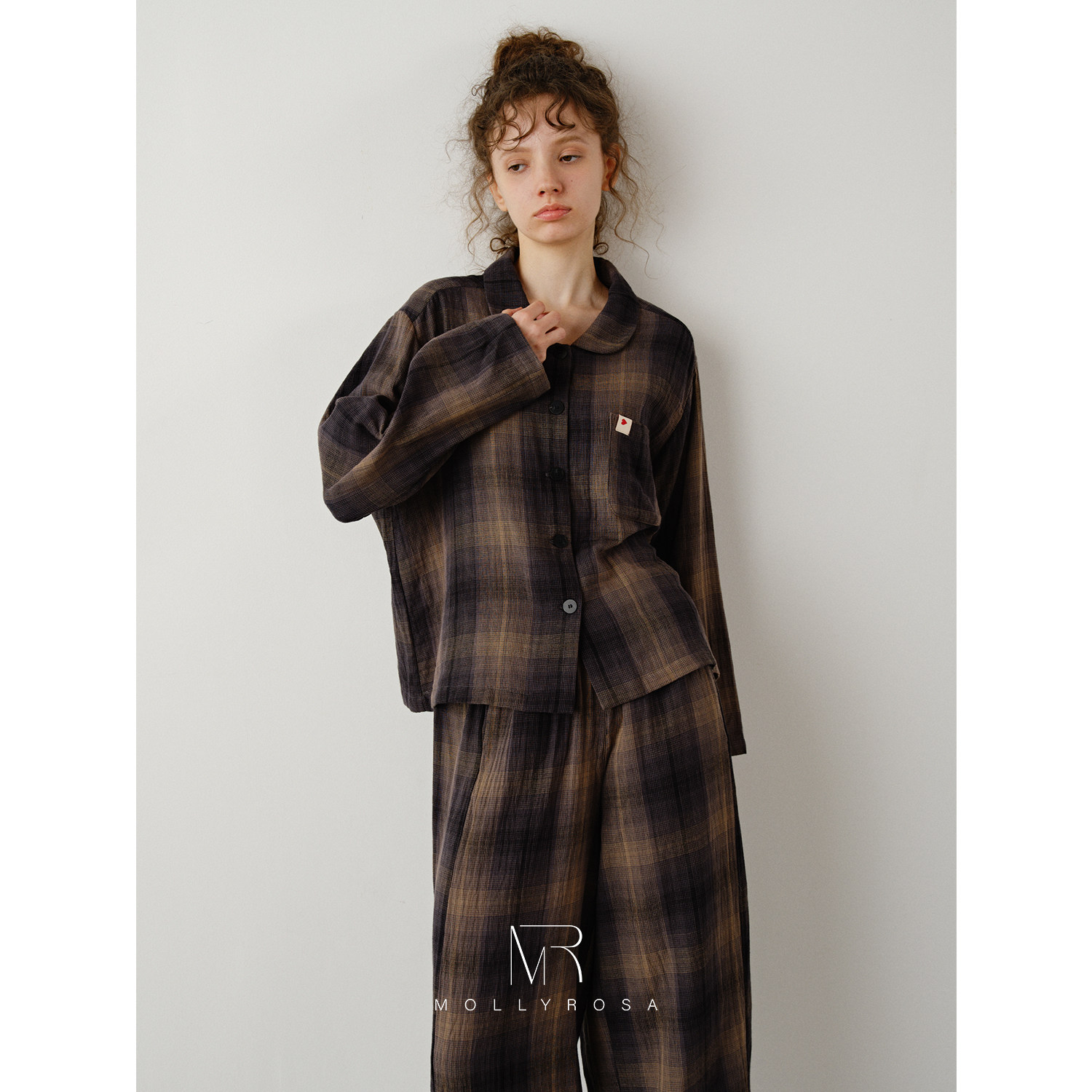 檀木格&middot;高克重纯棉加厚秋冬经典格子家居服套装睡衣可外穿女士