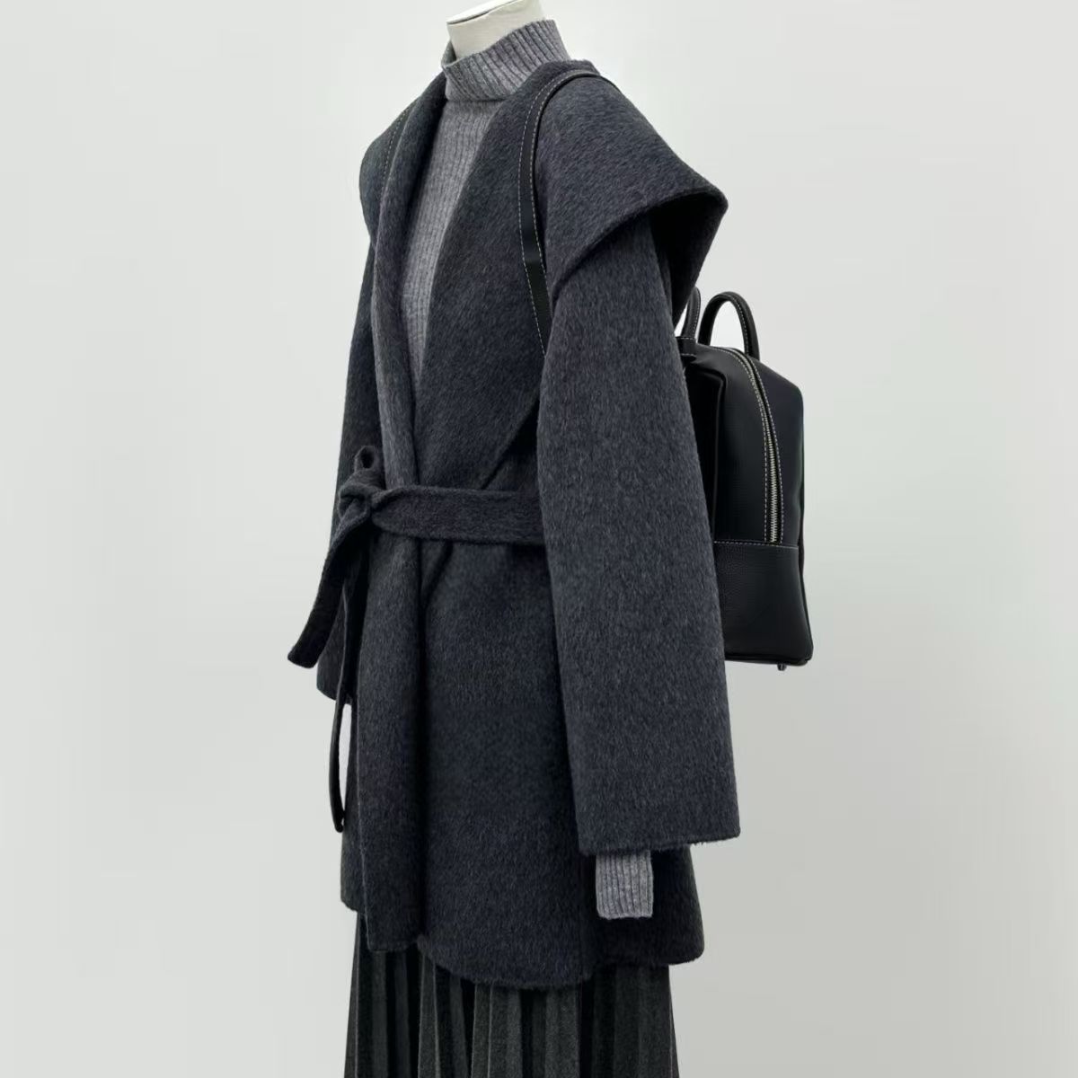深灰色羊毛羊绒双面羊毛外套女