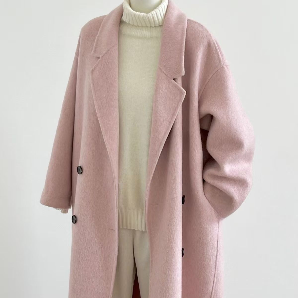 粉色双面羊绒羊毛外套中长款