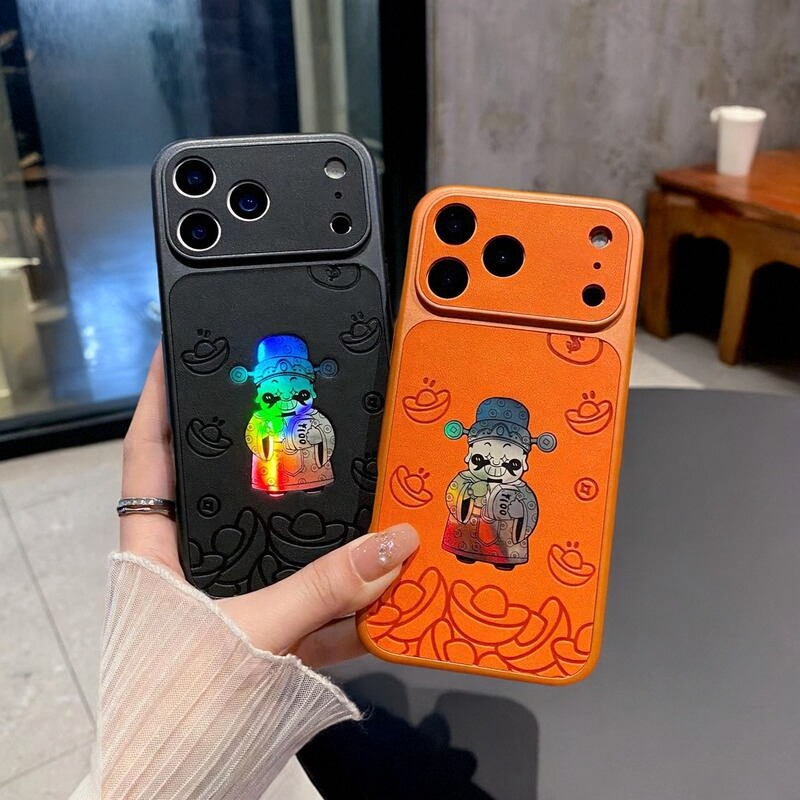 适用于苹果17promax手机壳新款iPhone16Pro橙色镭射财神爷15全包14pro高级感男女款13防摔保护套秒变17大视窗
