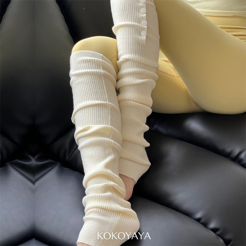 kokoyaya踩脚设计双针罗口纽扣过膝长筒袜女加长护腿护膝袜堆堆袜