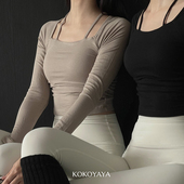 kokoyaya瑜伽服健身衣女长袖 螺纹跑步普拉提训练服运动上衣 秋季