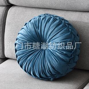 靠垫手工北欧沙发圆形腰抱枕靠枕枕纯编织网车轮纯色褶皱垫坐垫i.