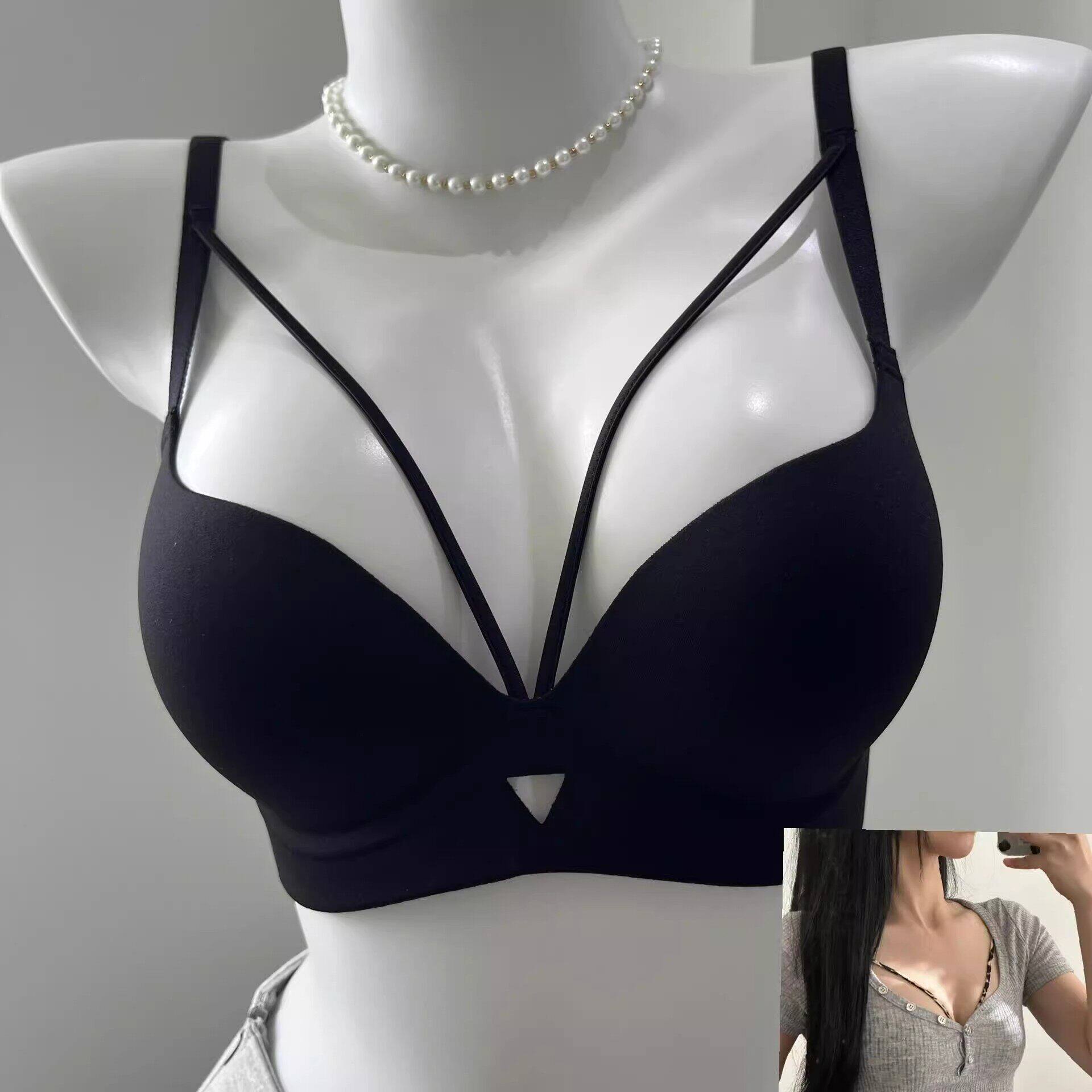 黑色纯欲性感交叉内衣女聚拢小胸收副乳防下垂调整型无钢圈文胸罩