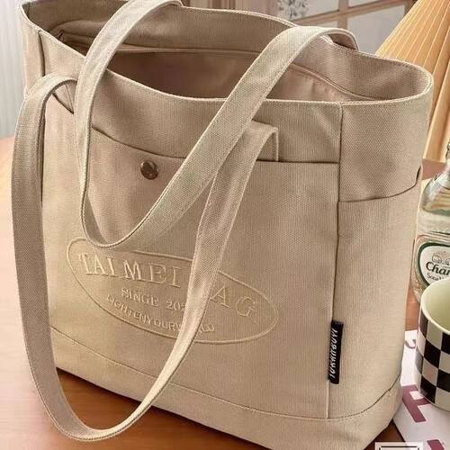 帆布包ins新款百搭加厚单肩大容量学生简约通勤手提上课托特