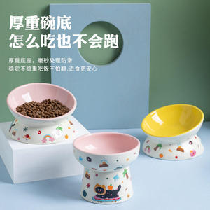 猫碗陶瓷可爱黑猫系列宠物碗卡通狗碗高脚猫粮碗猫狗斜口平口套装
