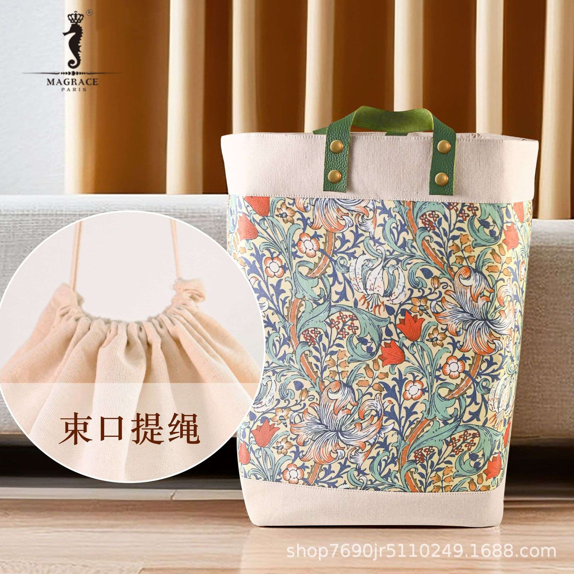 法国MAGRACE墨绿金百合黄色牵牛花棉麻脏衣篓4款家居日用收纳筐
