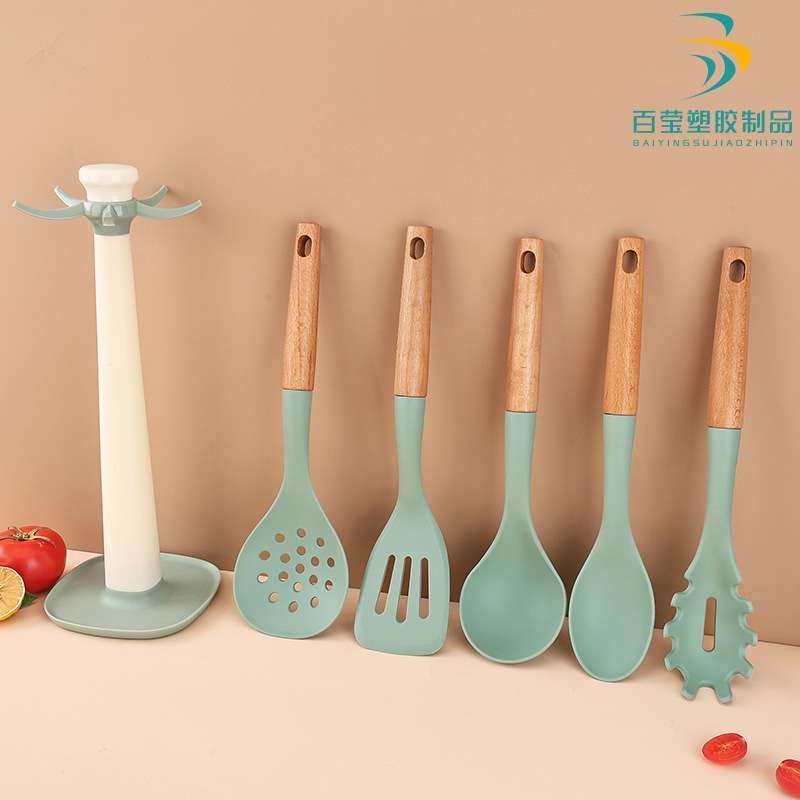 厨房用品硅胶木柄欧式不粘锅烹饪硅胶锅铲6件套蓝色耐温厨具套装