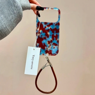 蓝色晕染适用苹果17promax手机壳新款 15Por全包防摔14保护套 高级感锡纸纹外壳iphone16Pro带挂绳复古小众女款