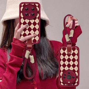 菱格红色羊巴皮带挂绳适用华为mate80pro手机壳70新年款 mate60保护套格纹50女高级感秋冬m40E全包喜庆por时尚