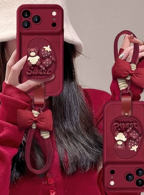 适用苹果17promax手机壳红色2026新年女款16pro小熊草莓支架挂绳iPhone15磨砂14plus羊皮12高级感13pm防摔11