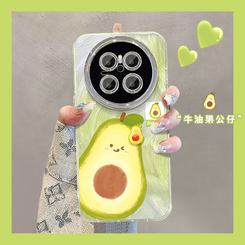 适用华为mate70pro手机壳夏天新女款mate60/30羽纱油画牛油果公仔pura70pro+全包镜头膜p50高级感创意防摔