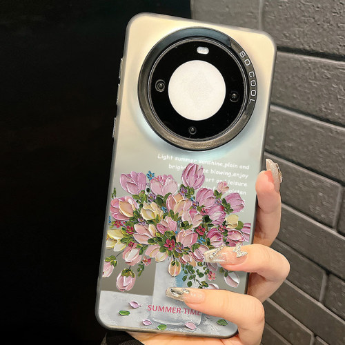 适用华为油画花朵彩银磨砂软壳
