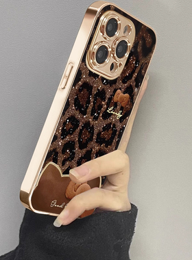 豹纹猫耳蝴蝶结适用苹果17promax手机壳16电镀iphone15保护套轻奢14plus高级感13彩绘全包ip12防摔11仙女xs潮