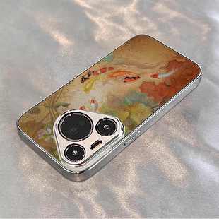 荷塘鲤鱼适用华为pura80pro手机壳新款pura70ultra创意p60艺术p50e个性p40高端p30pro复古男女电镀支架小羊皮