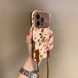 复古法式立体山茶花适用iPhone17promax手机壳苹果16promax皮质软15/14高级女13满屏玫瑰花手提挂绳12保护套