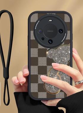 轻奢格子闪粉熊适用华为mate60pro手机壳pura70Ultra女nova1211新款X50荣耀1009080挂绳40软皮硅胶防摔magic6