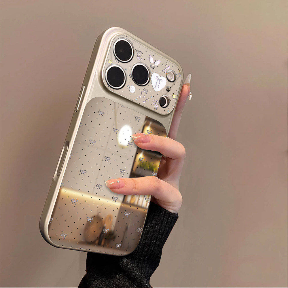 波点蝴蝶结镜子适用苹果18promax手机壳新款镜面外壳iphone17Pro高级感Air大视窗13女款16Plus小众15保护套14
