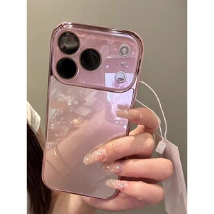 樱粉色适用苹果17promax手机壳新款高级感玻璃外壳带镜头膜iphone16Pro电镀女款Air镜头全包15PM防摔14保护套