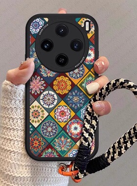 彩色图腾适用vivox200pro手机壳新款女x100s保护套手绳x90高级小羊皮x80网红100spor时尚全包防摔S19硅胶软壳