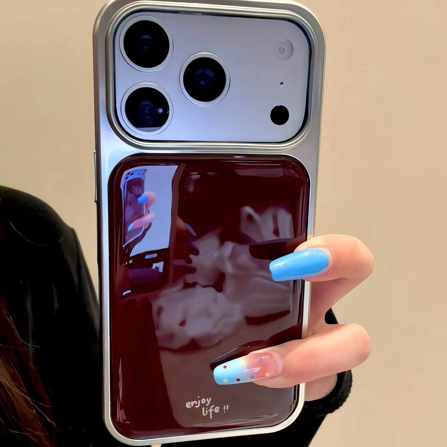 ins轻奢酒红大视窗玻璃手机壳适用 iPhone16 15promax 14 13 电镀银边高级感全包防摔手机保护套