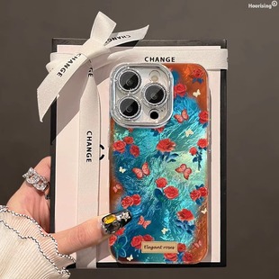 蓝棕渐变iPhone15pro复古蝴蝶玫瑰14plus自带镜头膜13p高级感11冰川纹12全包防摔 适用苹果16promax手机壳新款