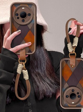 复古菱格适用华为mate80pro手机壳70新款mate60保护套50/40复古pura80棕色小羊皮nova12/11做旧风30挂绳女生