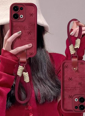 满屏蝴蝶结适用OPPOReno15pro手机壳14新款13/12保护套11挂绳realme13酒红色小羊皮OPPOFINDX8PRO腕带防摔x7