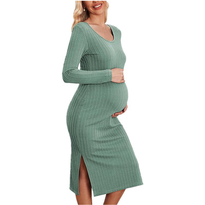 Ribbed long sleeved slit maternity skirt罗纹长袖开叉孕妇裙