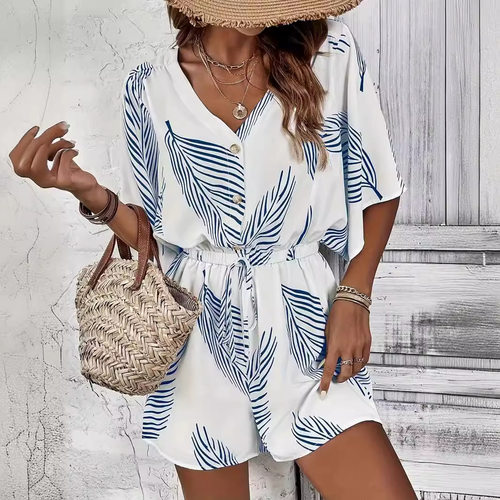 V-neck button tied printed jumpsuit V领纽扣系带印花连体裤