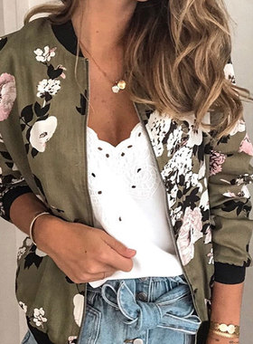 Printed long sleeve zip jacket for women  印花长袖拉链外套女