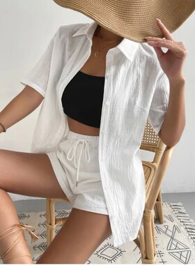 Collar shirt loose lace up shortsset翻领衬衫宽松系带短裤套装