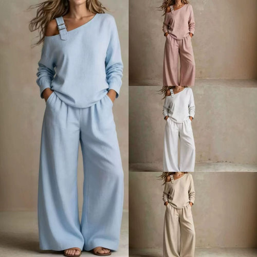 Single shoulder top and wide leg pants set单肩上衣阔腿裤套装
